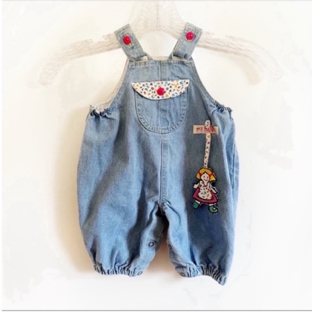 Vintage overalls baby girls denim floral blue doll embroidery buttons